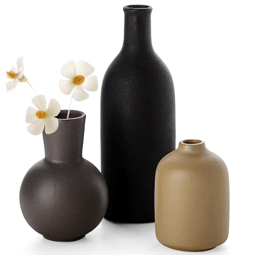 Ceramic Vase, Flower Vases Set of 3 Living Room Decor, Farmhouse Decor, Decorative Vase for Home Coffee Table, Book Shelf, Kitchen, Bedroom Centerpiece Table Decorations - color: Black