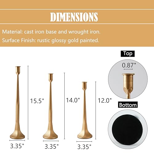 Denique Iron Taper Candle Holder Set of 3, Gold Candlestick Holders Decorative Candle Stand, Tapered Candle Holders Tall Set for Wedding, Dining Table, Home Decoration (Gold) - color: Gold, size: 12”,14”,15.5”