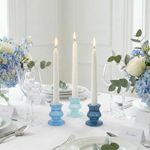 Blue Candlestick Holders 12 Pcs, Ribbed Taper Candle Holders for Table Centerpieces, Vintage Glass Candle Holders Bulk for Wedding, Birthday, Baby Shower Decoration - color: Blue&clear
