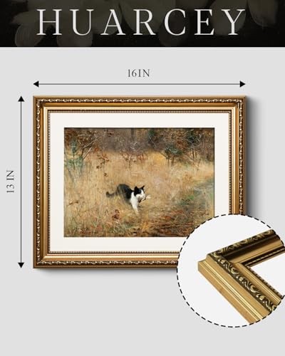 HUARCEY Cute Black Cat Catching Sparrow Artwork, Vintage Landscape Cat Hunting 13''x16'' Gold Framed Wall Art Canvas Print, Farmhouse Autumn Painting Pet Lover Gift Bedroom Nursery Wall Decor - color: Cat Catching Sparrow, size: 16"L x 13"W