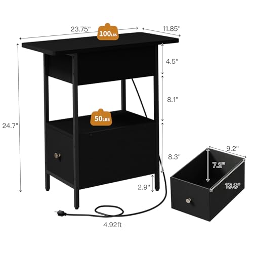 SOOWERY End Table with Charging Station, Narrow Side Table with Flip Top Cabinet and Fabric Drawer, Nightstand Bedside Tables for Small Spaces, Bedroom, Living Room, Black - color: Black