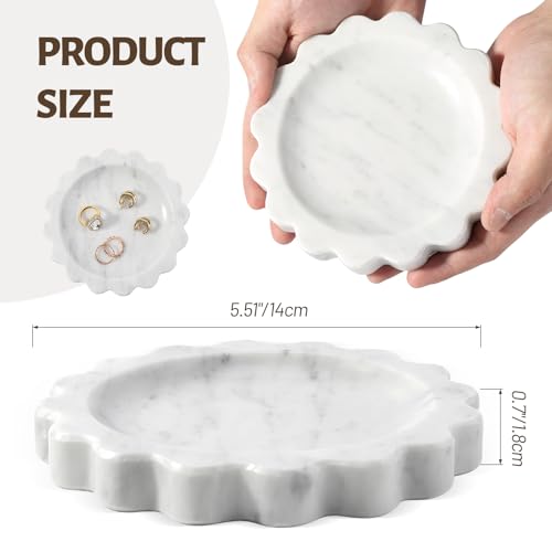 Koville 5.51" Scalloped Marble Tray, Round Stone Jewelry Trinket Dish for Ring, Natural Small Marble Tray for Bathroom Kitchen Dresser Countertop, Decorative Candle Tray(Bianco Carrara) - color: Carrara, size: D=5.51"