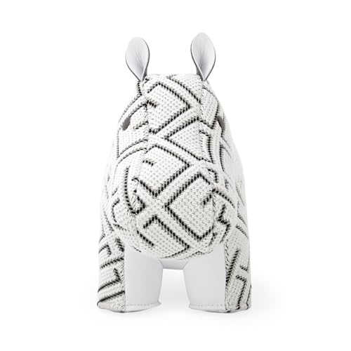 Zuny Artist Edition Classic Hippo Bookend, Kvadrat K-Grid White Checkered Textile Home Decor, Handmade Stitched Leather Heavy Duty Single Book Stopper for Shelves Desk, 10.4 x 4.3 x 7.4 - color: Hippo K-grid