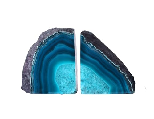 AMOYSTONE Teal Agate Geode Bookends, Unique Natural Crystal Book Holder 2-3 LBS with Rubber Bumpers, Sujetalibros for Small Books and Kitchen Cookbooks, Stylish and Functional - color: Teal, size: 2-3 Pounds