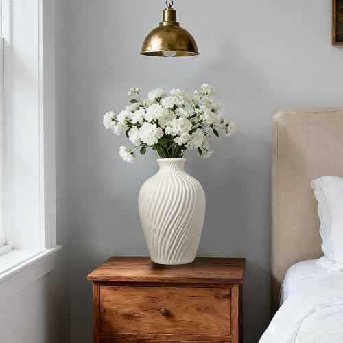 White Ceramic Vase Set of 2 - Modern Flower Vases for Home Decor - Rustic Textured White Vase for Living Room Decor - 8.65×5.5 & 5.5×5.5 Inch Round Vases for Dining Table Centerpiece Decoration