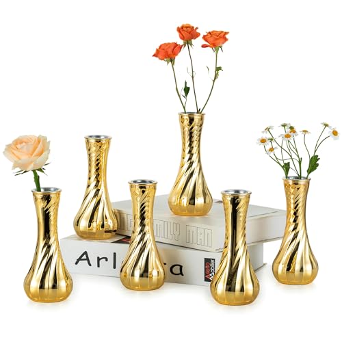 NUPTIO Glass Bud Vase Gold: 6 Pcs Small Flower Vases for Wedding Party Table Centrepiece - Vintage Ribbed Vase for Home Birthday Reception Decorations - size: Style 1