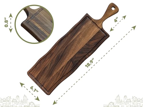 Elegant American Black Walnut Wood Long Serving Board with Handle - Charcuterie Wooden Board - Stylish Versatility for Culinary Delights - Reversible with Juice Groove - 19x6x0.8 in - Woodie Poppins - size: 19" x 6" x 0.8"