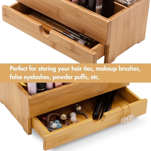 GOBAM Bamboo Makeup Organizer and Storage with Drawer, Wooden Cosmetic Organizer Countertop for Bathroom, Bedroom, Kitchen & Dresser, Desk Organizer with Drawers and Make up Vanity Station - Medium - size: Medium