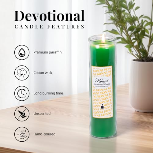 KONNI 2x8 Inch Green Pillar Candles in Glass Set of 3, Devotional Prayer Candle, Unscented Religious Candles, 105 Hours Emergency Long Burning, Ideal for Memorials, Vigil, Blessing - color: Green