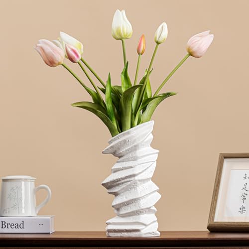 Stone-Stack White Ceramic Vase - 10" Unique Flower Vase for Pampas Grass, Farmhouse Decorative Vase for Living Room/Office, Boho Vase Ideal for Home Gifts & Centerpieces - color: Stone-stack