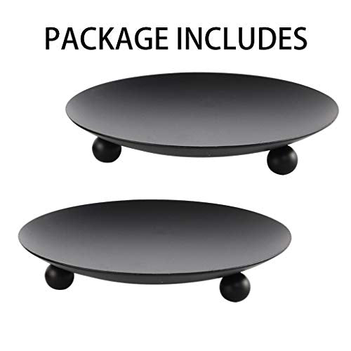 Black Iron Plate Candle Holder, Decorative Iron Pillar Candle Plate, Set of 2, 4.37 inches D x 0.78 inches H, Pedestal Candle Stand for LED & Wax Candles, Incense Cones, Spa, Weddings (2 pcs)