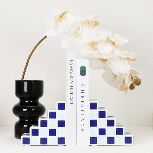 Decorative Bookends for Shelves - Stair Book Ends for Heavy Books - Unique Book Stopper & Holder for Shelves - Modern Home Decor Aesthetic Bookshelf Decor (Blue & White) - color: Blue & White