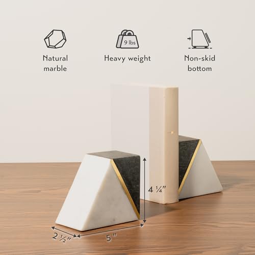 Cork & Mill Marble Book Ends for Shelves, Decorative Bookends for Heavy Books, Unique Mid Century Modern Gray and White Bookends with Brass Inlay, Heavy Duty Bookshelf Stopper, Set of 2 - color: White / Grey + Brass