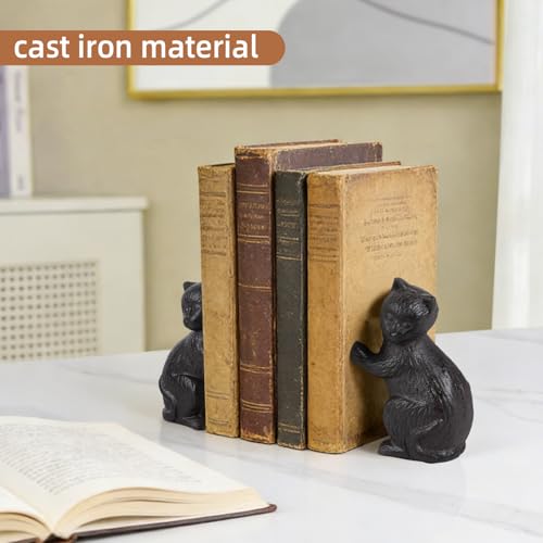 Decorative Cat Bookends, Cast Iron Kitty Book Ends, Heavy Duty Book Stopper, Vintage Antique Brown Black Home Decor, Cute Cat Statues for Shelf Decoration, 2 Pack (Black)