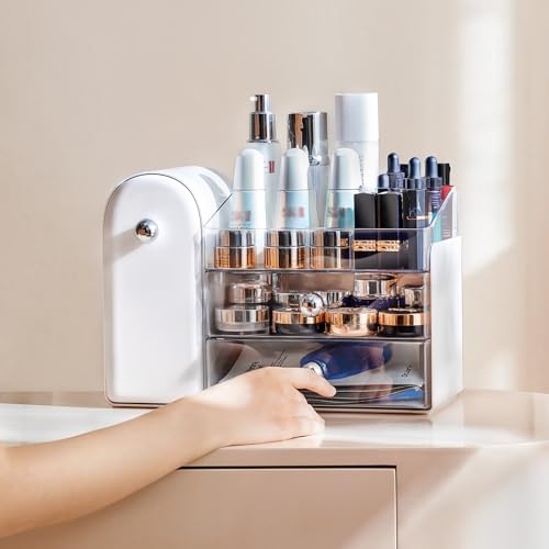 Makeup Organizer with Brush Holder for Vanity, Large Cosmetic Display Cases with 2 Drawers, Skincare Organizer for Bathroom Countertop, White - color: White