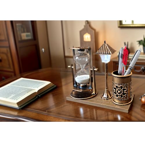 Vintage Style Desk Organizer Set with Hourglass Timer, Decorative Pen Holder, Bronze Finish, pen organizer for desk, vintage office decor, sand timers, desk organizer pen holder