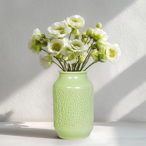 Green Ceramic Vase for Flowers, 9 Inch Decorative Vase for Pampas Grass, Modern Texture Vases for Home Decor, Table Shelf, Kitchen, Living Room Decor - color: Modern Green