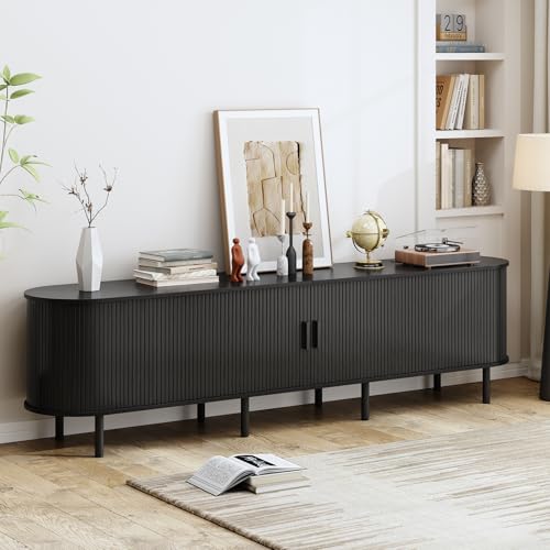 86.6" TV Stand with Power Outlet, Mid-Century Modern Television Stand, Fluted Media Console with Sliding Doors, Entertainment Center for TVs up to 90 Inch, Adjustable Shelves, Black - color: Black, size: 86.6 Inch