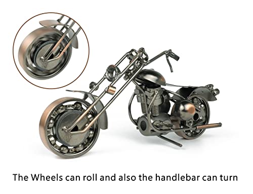 TRANSGOOD Handmade Motorcycle Model with Rolling Wheels, 9" Vintage Steampunk Bike Sculpture, Heavy-Duty Iron Desk Decor, Unique Biker Gift for Dad Husband, Industrial Man Cave Office Home Art