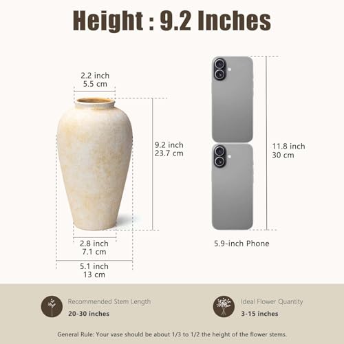Ceramic Flower Vase Home Decor - 9.2 inch Large Farmhouse Table Vases, Rustic Decorative Vases for Kitchen Living Room Coffee Dining Shelf Mantel Decoration - color: Farmhouse Cream-9.2"