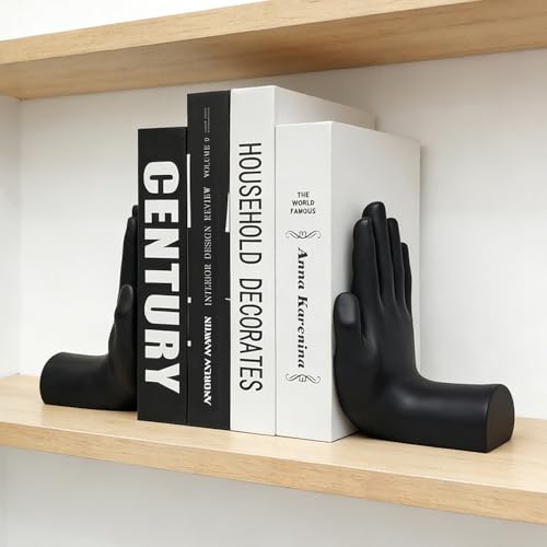 jinhuoba Decorative Bookends Hands Book Ends, Black Heavy Book Holder Ends for Shelves, Novelty Heavy Duty Book Ends for Shelves Office Home Desk Bookshelf, 8.5"(L) x 3.5"(W) x 6.8"(H), Resin