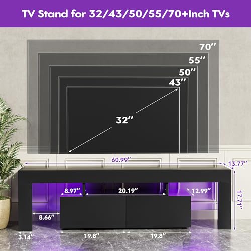 JUMMICO TV Stand, Modern Lighting TV Cabinet Entertainment Center Media and Open Shelf, TV Console Table with 1 Drawer and Remote Control, 20 Color LED Lights up to 70 Inch TV (Black) - color: Black, size: 60 Inches