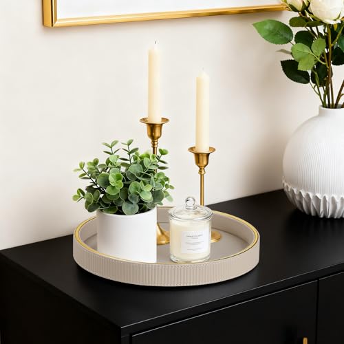 Round Decorative Tray for Coffee Table Decor, PU Leather Coffee Table Tray Golden Trim for Home Decor Living Room Dining Table, Perfume Trays Nightstand Organizer (Beige) - color: Beige
