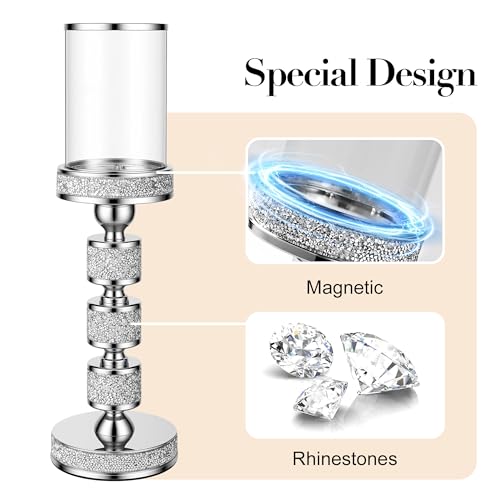 15.9" Tall Pillar Candle Holder with Wind Proof, Metal Hurricane Holders, Crystal Candle Holders for Table Centerpieces, Home Decor, Wedding, Dining Table (2, Silver, Large) - color: Silver, size: Large