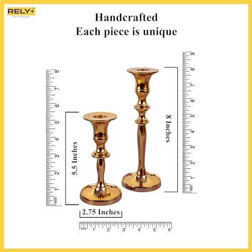 Rely+ Gold Metal Candle Holders for Taper Candlestick Set of 2 8" & 5.5" Tall Decorations for Home Table Centerpiece for Wedding, Parties, Dinners, Decorations - color: Gold