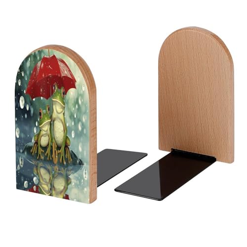 Book Ends Two Frogs Rain Wood Bookends for Shelves to Hold Books Heavy Duty Non-Skid Book Stoppers Wood Decorative Home Office School