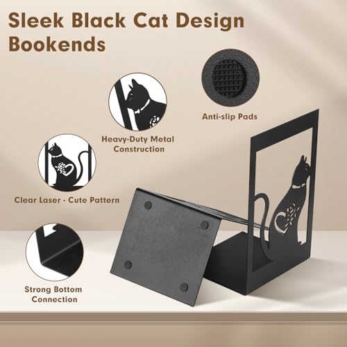 Aertiavty 2 Pcs Square Bookends for Shelves, Heavy-Duty Morden Cat Book Ends, Non-Skid Metal Bookends, 1 Pair Large Decorative Book Holder for Home and Office, Black Book Stopper, Heart Cat - style: Heart Cat