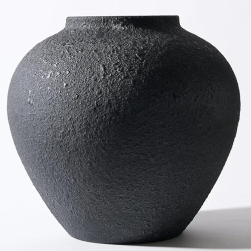 Black Large Round Vase Pottery Look for Home Decor, Arina Black Rustic Iron Vase Modern Farmhouse, Console Table Decor, Earthy Textured Metal Big Black Round Vases for Centerpieces, Jarrones Grandes - color: Black Large Round
