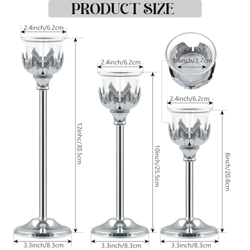 Set of 3 Metal Tea Light Candle Holder with 3 Glass Cups, 12/10/8 Inch Elegant Tealight Candelabra Centerpiece for Wedding Table Decor, Tiered Home Party Decoration (3, Silver) - color: Silver