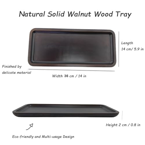Wood Vanity Tray, Bathroom Counter Solid Walnut Organizer, Toilet Tank Top Wooden Serving Plate for Dinner Tea Coffee (Natural Walnut Color, 14 x 5.9 inch) - color: Natural Walnut Color, size: 14" x 5.9" x 0.8"