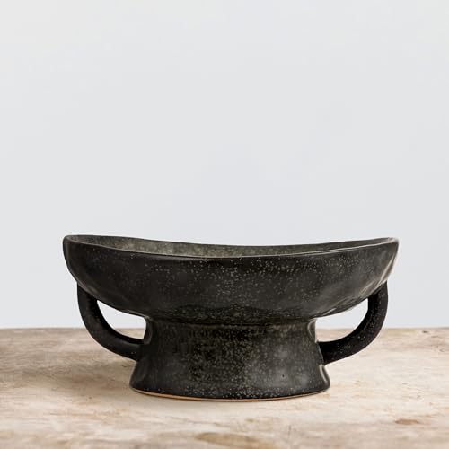 Creative Co-Op Stoneware Footed Pedestal Bowl with Handles, Reactive Glaze, Black - color: Black, size: 9.5" Round x 4" Tall