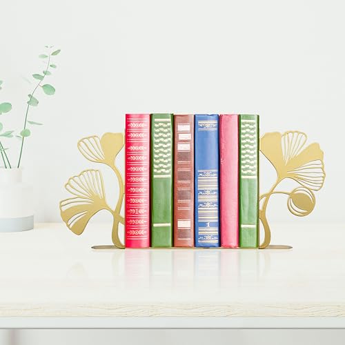 Gold Bookends – Unique Decorative Book Ends with Ginkgo Leaf Design, Cute Bookends for Shelves, Desks, or Libraries for Book Lovers