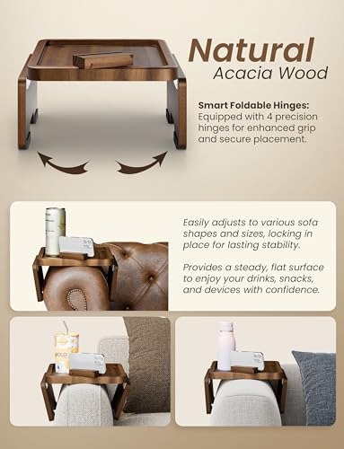 HOLANA 15.75" Acacia Couch Armrest Table - Wood Couch Arm Tray with Phone Holder – Sofa Side Table, Armchair Caddy, Sofa Arm Table for Home Sofa Living Room (Walnut) - color: Walnut, size: 15.8" x 11" x 2"