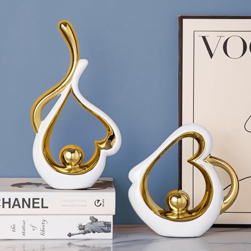 Gold Statue Decor for Living Room, Abstract Sculptures Home Decor, Modern Table Ceramic Decor, Heart Shape Table Centerpieces for Dining Room, White and Gold Decoration for Shelves - color: White and Gold 3
