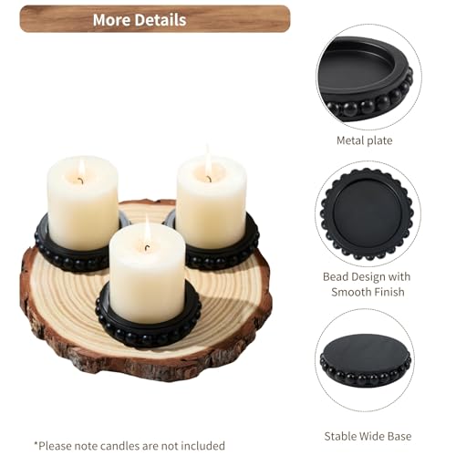 Wooden Candle Holders for Pillar Candles, Set of 3 Wood Beaded Plate with Metal Cup Inserts, 4 Inch Rustic Farmhouse Tray Stand for Fireplace Mantel, Table Centerpiece Decor - Black - color: Black