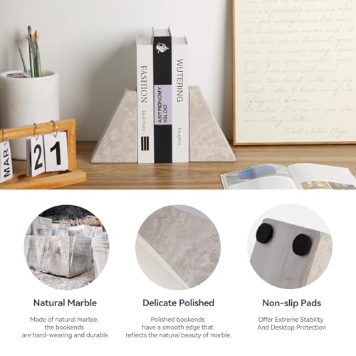 Marble Bookends for Heavy Books, Decorative Book Ends for Shelves, Durable and Heavy-Duty Bookends for Hardback Book & CDS, Off-White Unique Books Stopper & Holder, Set of 2 - color: Travertine Off-white