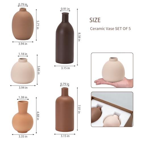 Neutral Ceramic Vase Set – 5 Matte Earth-Tone Vases for Japandi, Scandinavian, or Minimalist Home Decor, Table, Entryway, Shelf & Mantel Styling