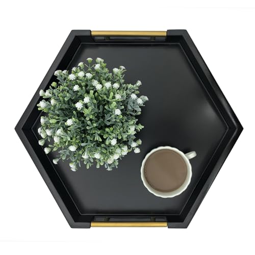 Serving Tray with Polished Metal Handles, Hexagon Coffee Table Tray, Modern Rectangle Decorative Tray, Large Ottoman Tray, Perfect for Storage and Display (Black Hexagon) - color: Black Hexagon