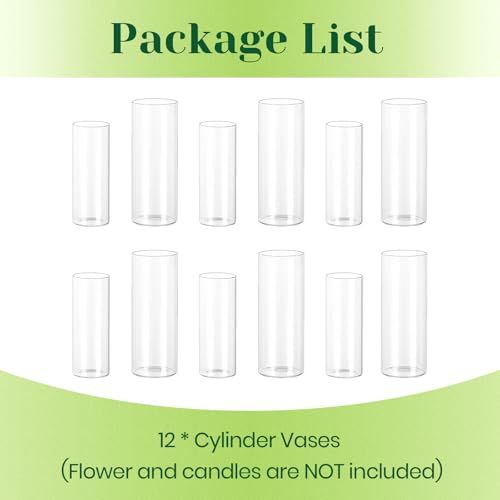 Hewory Glass Cylinder Vases for Centerpieces: 7“+6" Tall 12Pcs Clear Small Bud Vases for Flowers Wedding Party Table Decoration - Skinny Hurricane Candle Holders for Floating Candles