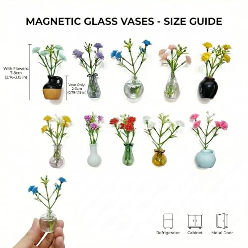 10-Pack Magnetic Mini Clear Glass Bud Vases for Fridge – Strong Magnets, Leak-Proof Propagation Vases – with 10 Faux Flowers (No Trimming) – Locker, Cubicle & Coworker Gift (Clear Glass)