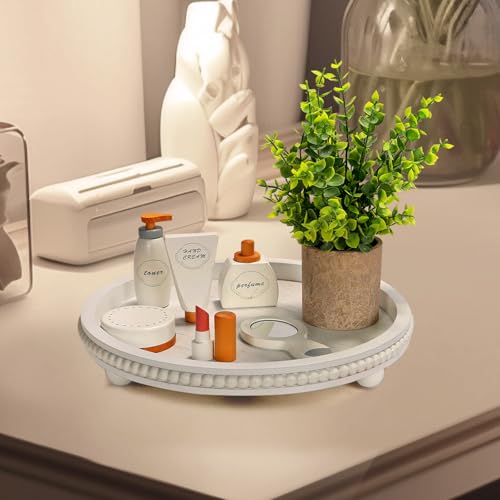 Wooden Beaded Decor Tray for Coffee Table, Rustic Wooden Trays Table Centerpieces, Decorative Trays for Home Decor Kitchen Table Farmhouse Serving Tray (Round White) - color: Round White