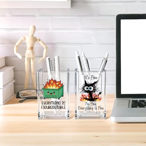 Funny Black Cat 2 Pack Acrylic Cosmetic Pencil Pen Holder Cup, Emotional Dumpster Fire Pencil Pen Holder Cup, Cat Lover Gift for Women, Office Sarcastic Gifts for Women Men Colleague - style: Everything Fine 2