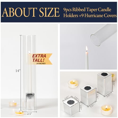LETINE Hurricane Candle Holders with Silver Ribbed Taper Candle Holders Set of 9 (14")– Bulk Windproof Taper Candle Hurricane Glass for Outdoor&Indoors Wedding Centerpiece, Event & Home Decor - color: Silver, size: 14H"-9pcs+9pcs Taper Holder1.57"/2.36"/3