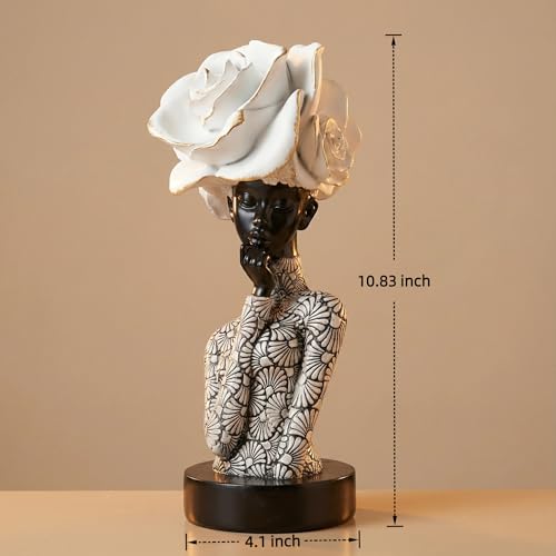 Lescafita African Woman Sculpture with White Rose Headdress, Black and White Resin Statues, Modern Abstract African Art Statue for Home Decor Shelf Table Office Display - color: 112-white