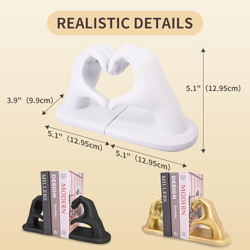 White Decorative Bookends for Shelves, Heart Hands Book Ends Sculpture Aesthetic Decor for Bedroom Living Room Merch Apartment Bookshelf Birthday Women Decorations Stuff Aesthetic - color: White
