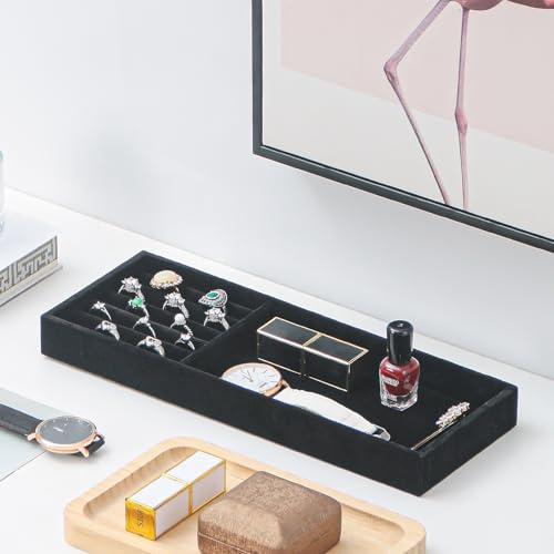 Divided Drawer Organizer - Velvet Jewelry Storage Tray for Necklace, Bracelet, Ring, Earring Display - Bedside Nightstand Desk Holder for Phone, Watch, Sunglasses, Cosmetics Storage - Black, 2 Grid - color: Black, size: Grid2